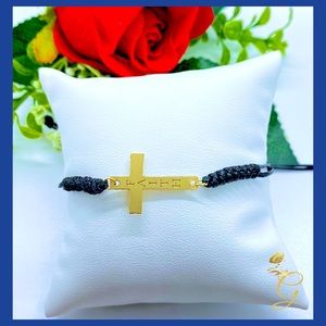 18K Real Solid Gold Cross Faith Charm with Black Braided String Bracelet